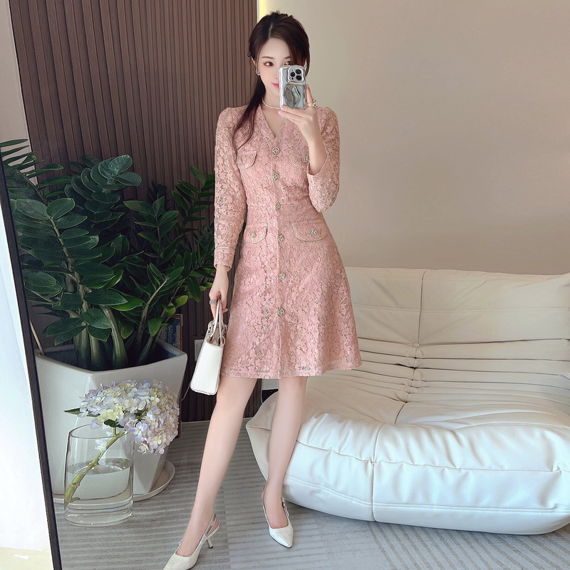 France style lace slim pink autumn temperament dress