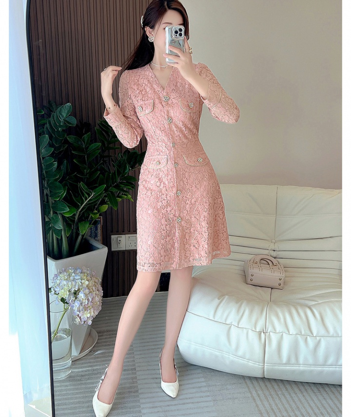 France style lace slim pink autumn temperament dress