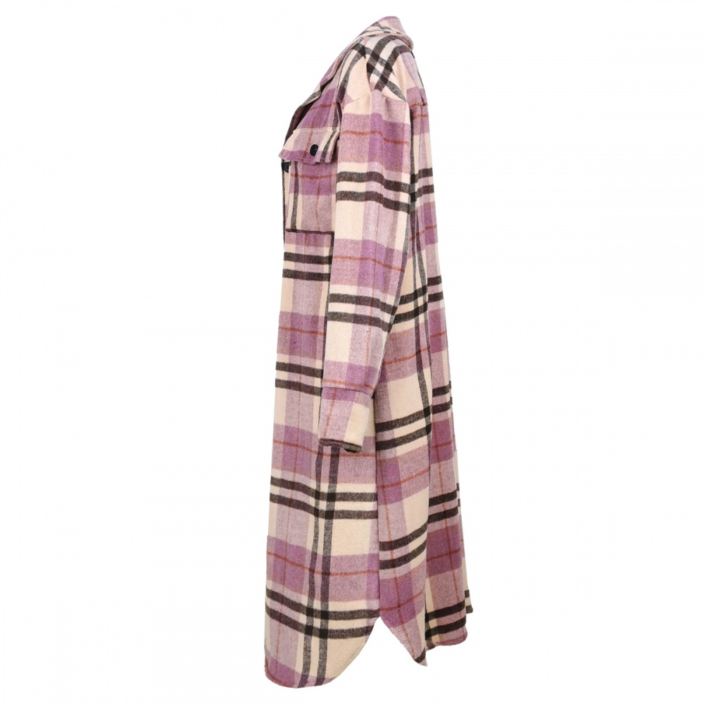 Flannel long coat pocket woolen shirt for women