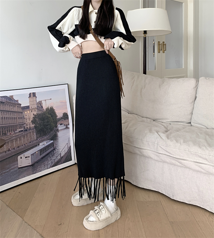 Autumn high waist knitted slim tassels skirt