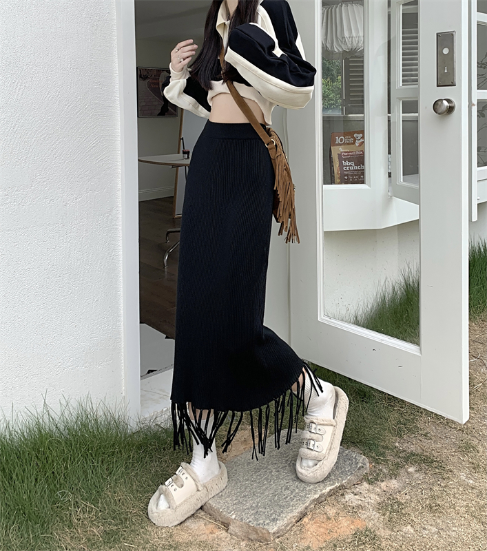 Autumn high waist knitted slim tassels skirt