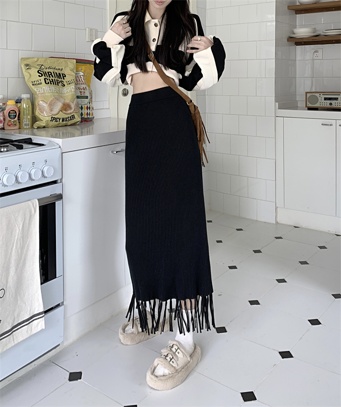 Autumn high waist knitted slim tassels skirt