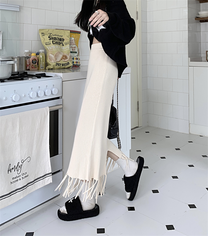 Autumn high waist knitted slim tassels skirt