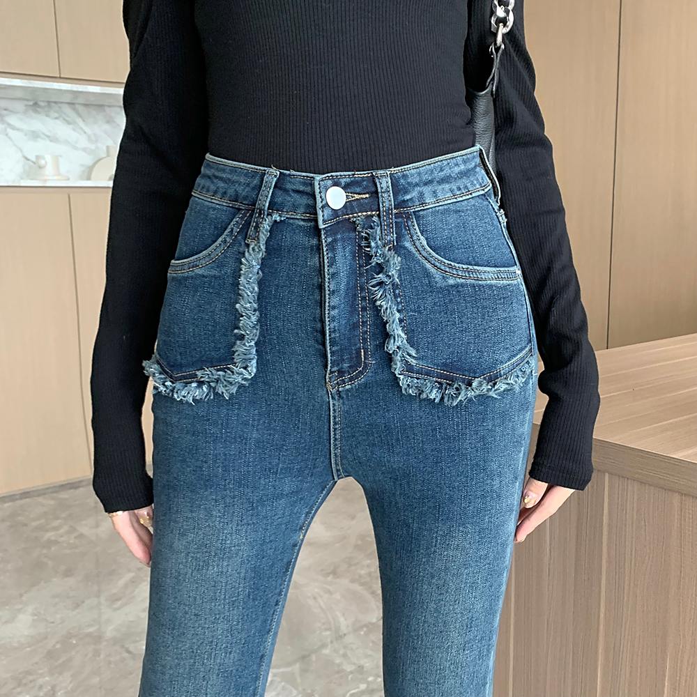 Winter high waist thick long pants elasticity burr jeans
