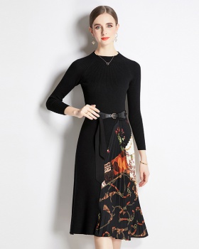 Long sleeve knitted slim splice dress for women