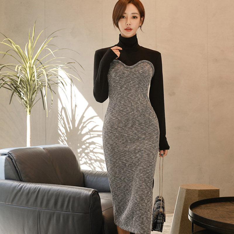 Temperament high collar Korean style retro dress