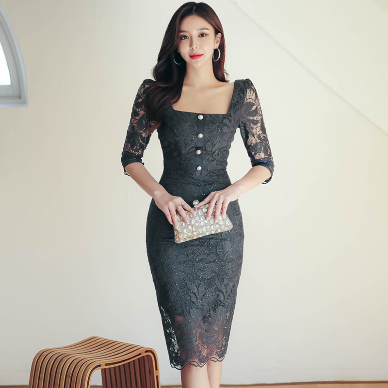 Slim temperament square collar Korean style fashion dress