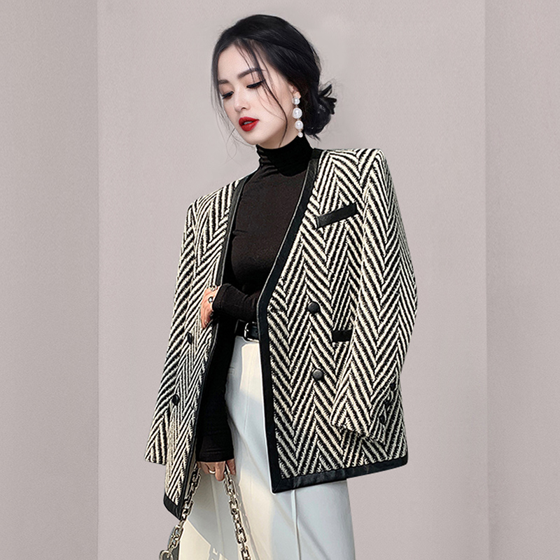 Korean style all-match temperament V-neck double row coat