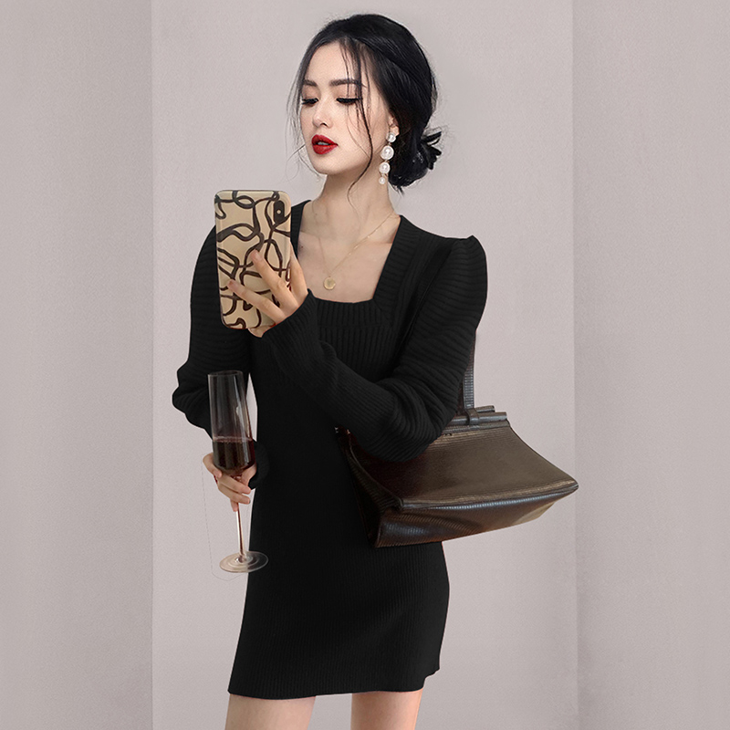 Slim knitted fashion puff sleeve square collar dress