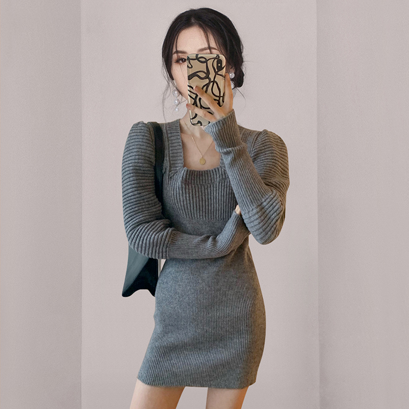 Slim knitted fashion puff sleeve square collar dress