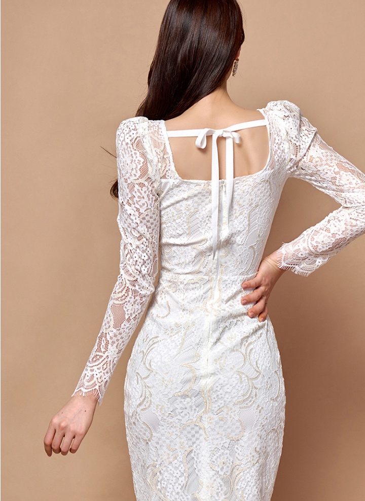Pinched waist temperament long ladies elegant lace dress