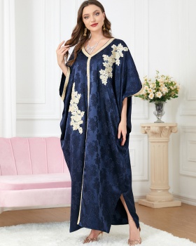 Jacquard blue embroidered flowers loose bat sleeve dress