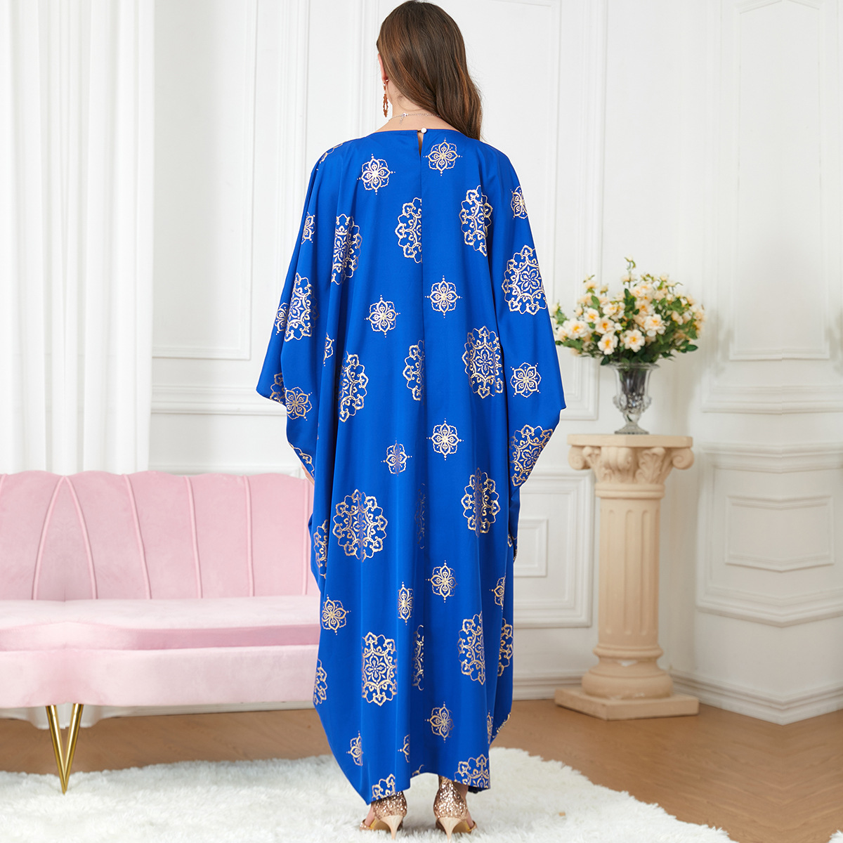 Bat sleeve lace printing embroidery loose blue dress