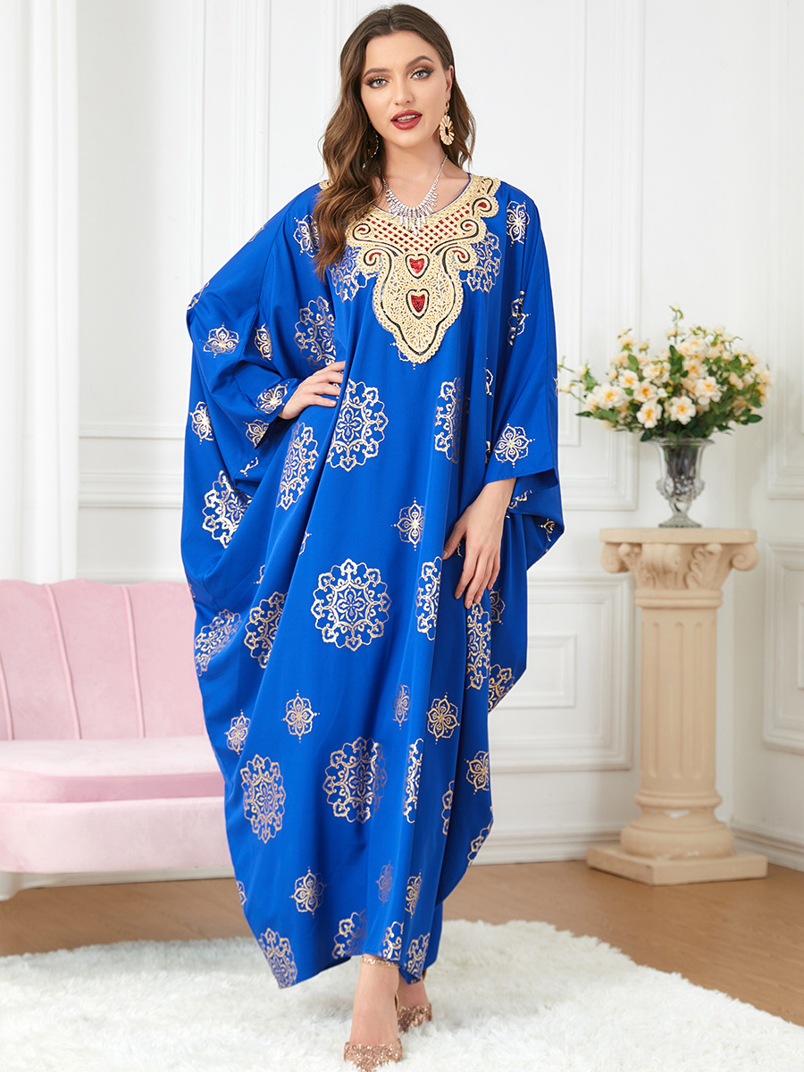 Bat sleeve lace printing embroidery loose blue dress