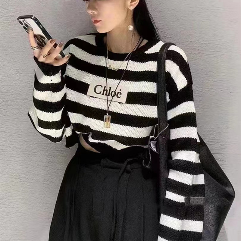 Short all-match autumn Korean style stripe sweater