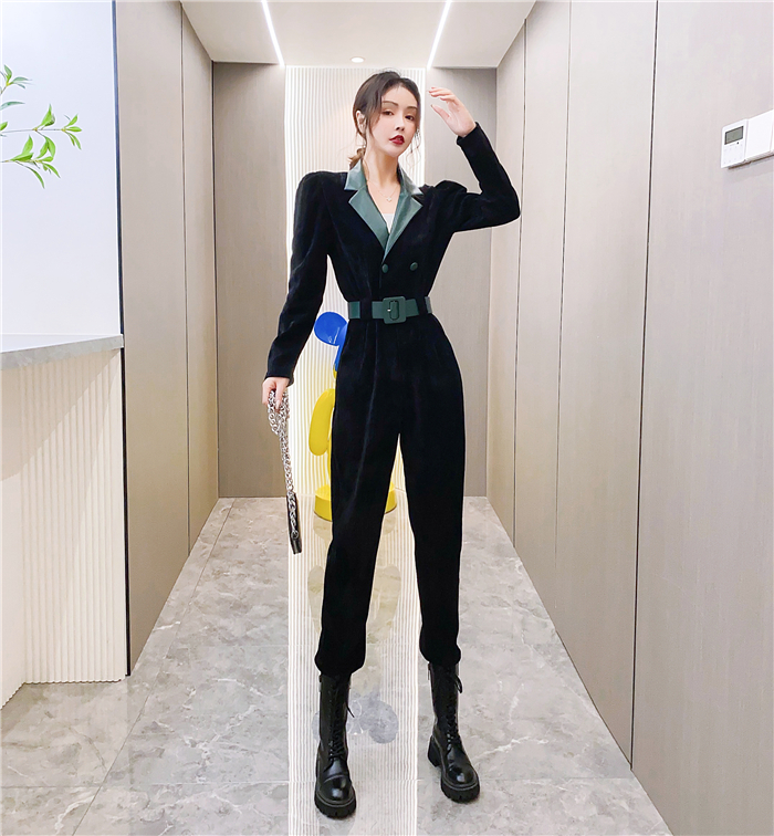 Lapel single-breasted belt pinched waist jumpsuit