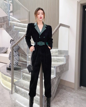 Lapel single-breasted belt pinched waist jumpsuit