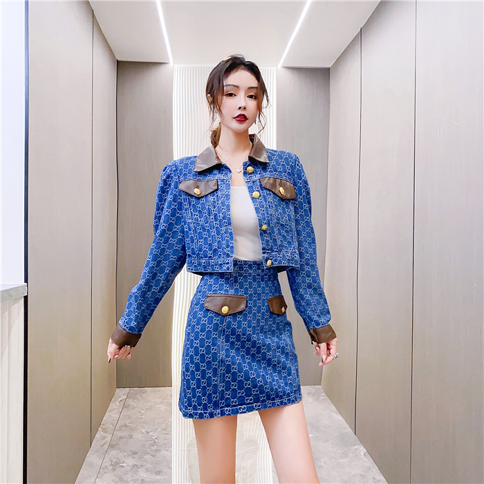 Stitching leather short skirt mixed colors tops 2pcs set for women