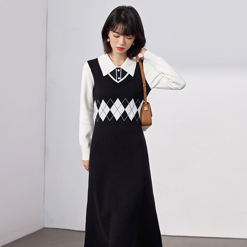 High waist Pseudo-two quilted autumn and winter knitwear dress