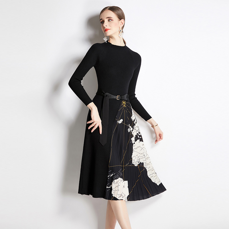 Autumn and winter round neck splice fashion knitted dress