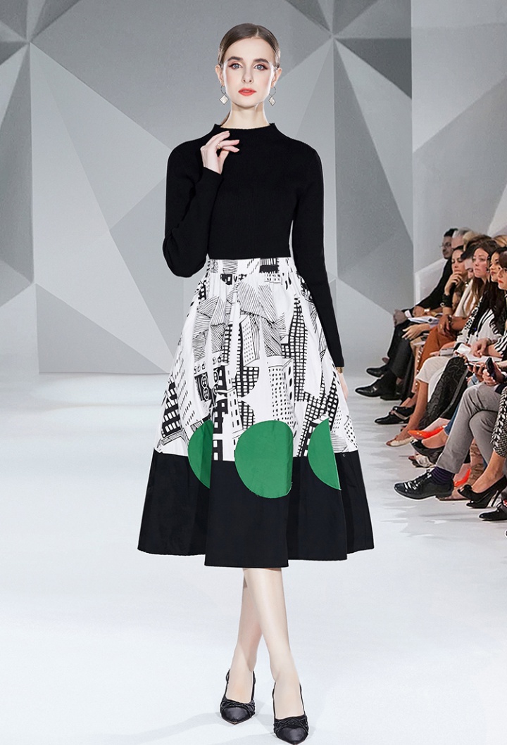 Splice fashion skirt black knitted sweater 2pcs set