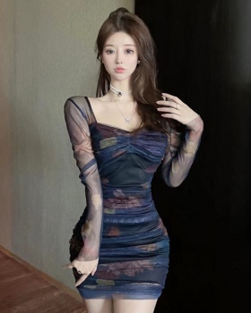 Lace autumn slim pinched waist printing bottoming dress