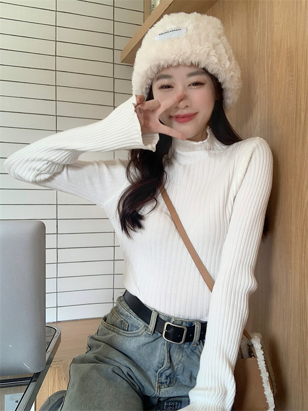 Knitted long sleeve slim T-shirt wood ear autumn and winter tops
