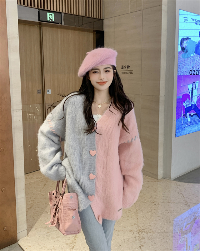 Weave knitted cardigan pink coat for women