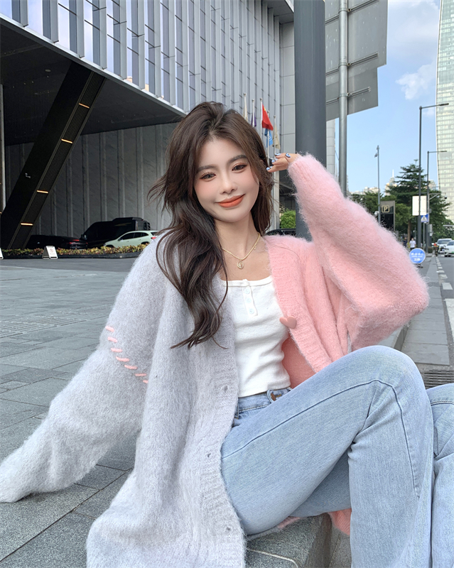 Weave knitted cardigan pink coat for women