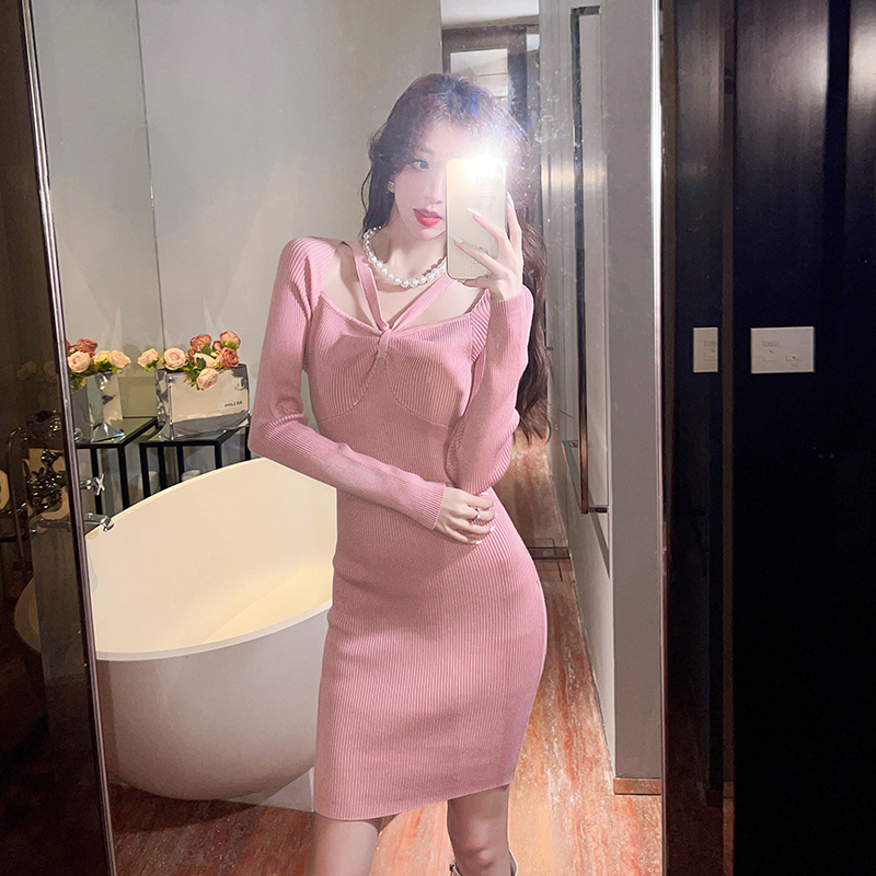 Slim knitted dress bottoming package hip clavicle