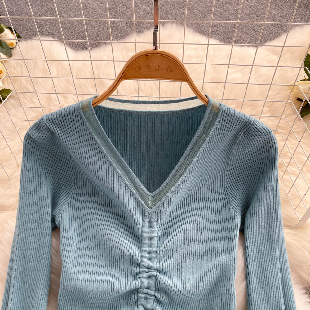 V-neck autumn skirt pleated sweater 2pcs set
