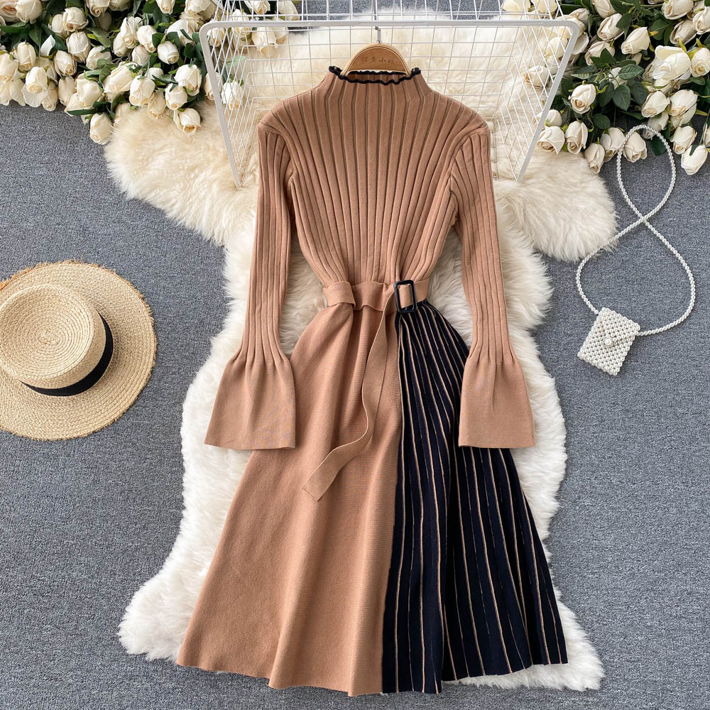 Knitted autumn and winter pleated temperament dress