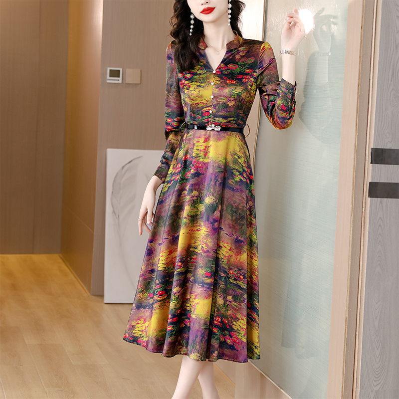 Western style Cover belly satin long sleeve slim dress