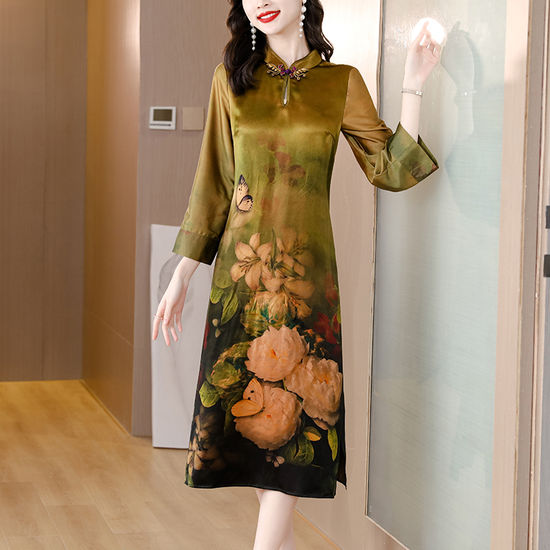 Satin temperament dress retro printing cheongsam