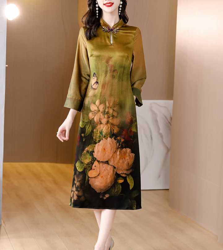 Satin temperament dress retro printing cheongsam