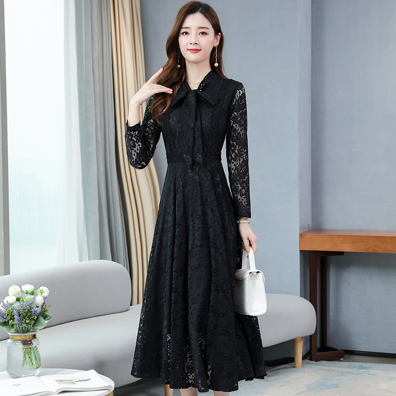 Long sleeve autumn Korean style lace slim long dress for women