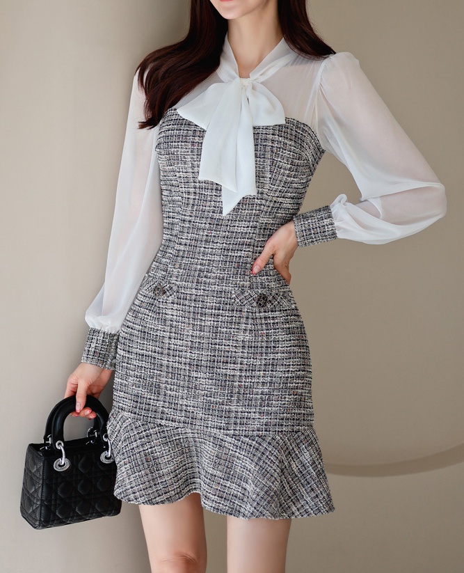 Fashion temperament bow Korean style splice dress
