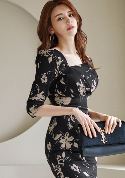 Printing commuting fashion square collar autumn and winter dress