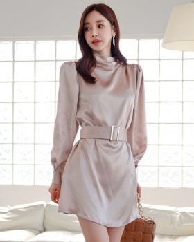 Korean style cstand collar elegant waistband dress