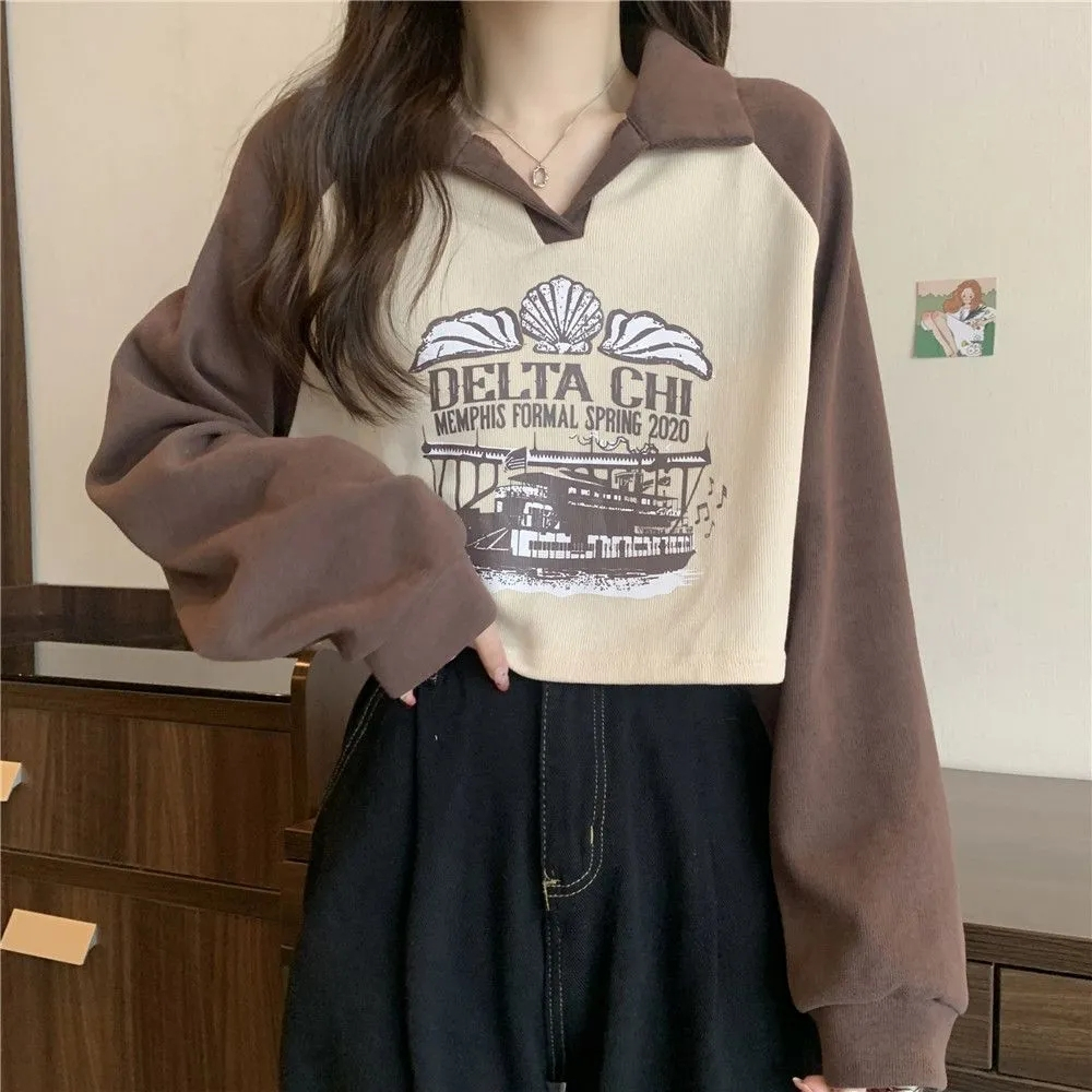 Apricot tops vintage collar hoodie for women