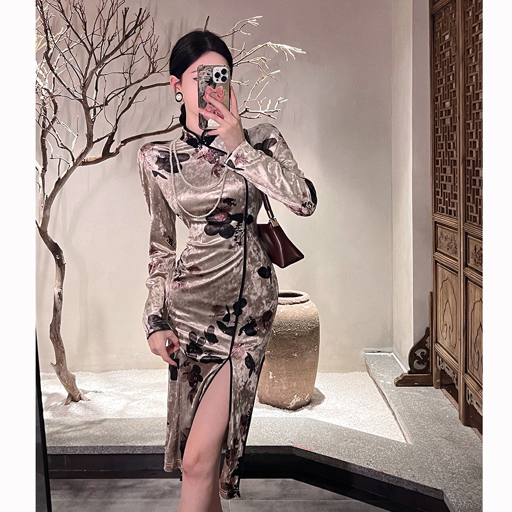 Package hip velvet cheongsam split dress for women
