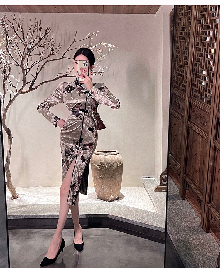 Package hip velvet cheongsam split dress for women