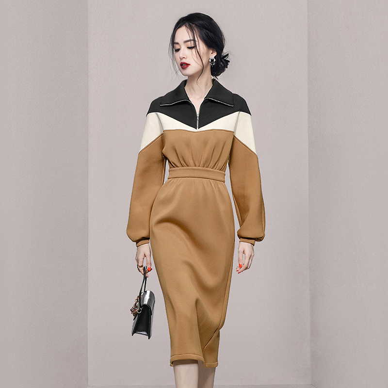 Pinched waist temperament mixed colors fashion dress