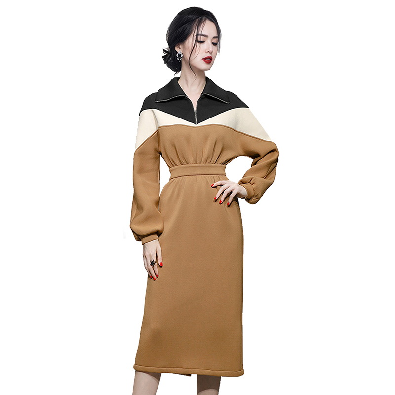 Pinched waist temperament mixed colors fashion dress