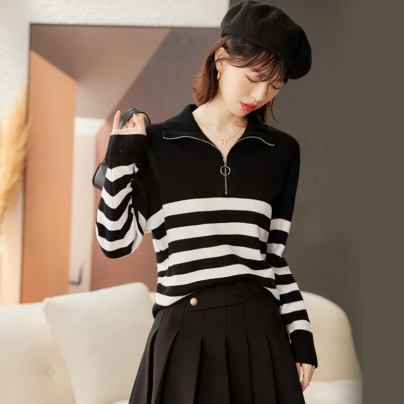 Large lapel zip all-match slim sweater for women