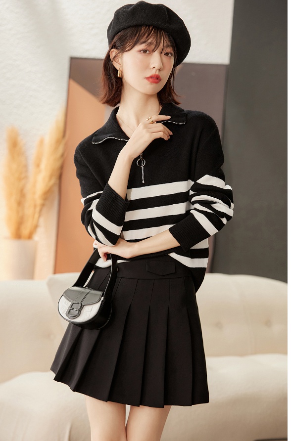 Large lapel zip all-match slim sweater for women