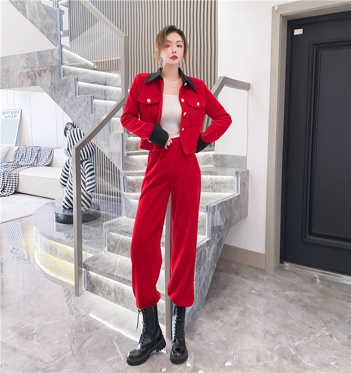 Autumn and winter single-breasted tops slim long pants a set