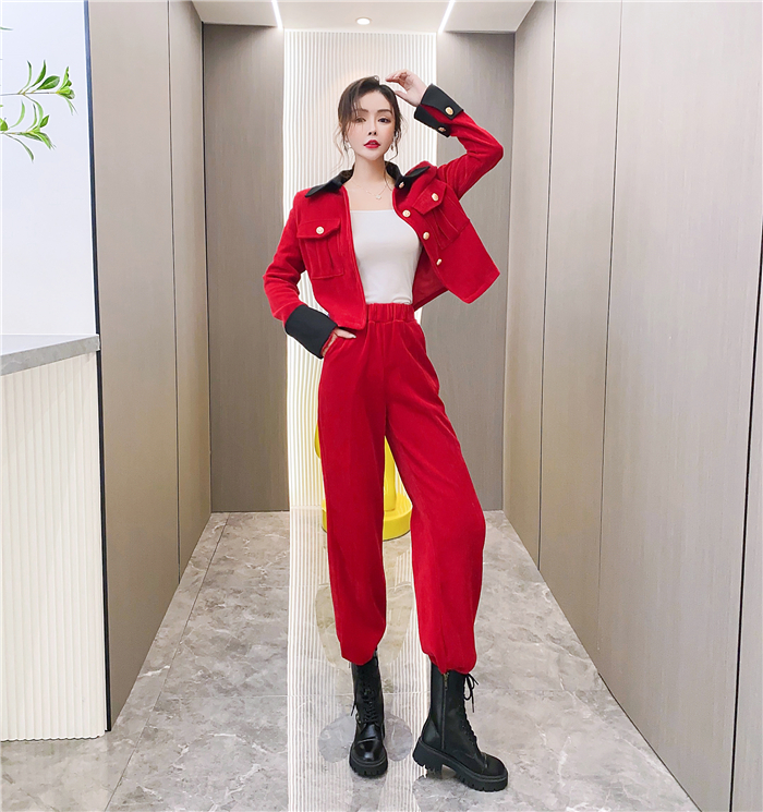 Autumn and winter single-breasted tops slim long pants a set