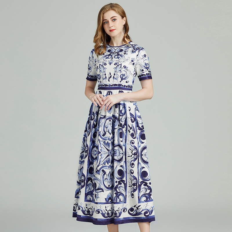 Spring blue and white porcelain big skirt printing dress