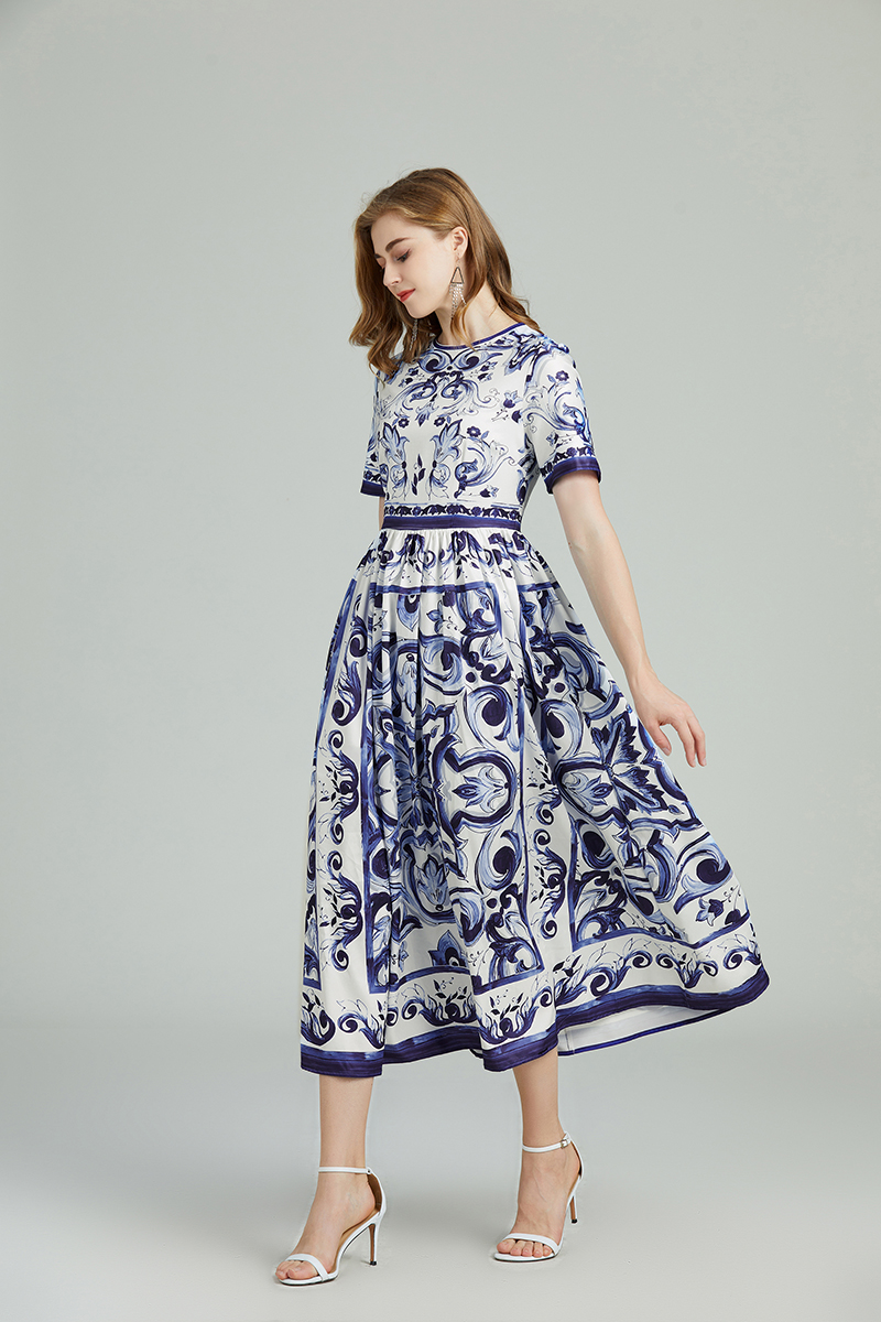 Spring blue and white porcelain big skirt printing dress